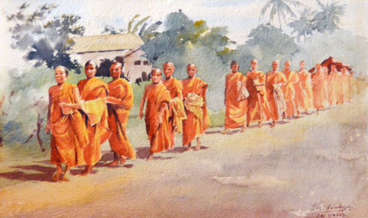 Painting titled "A Procession of Mon…" by Ishan Senaka Hewage, Original Artwork, Acrylic Mounted on Wood Stretcher frame