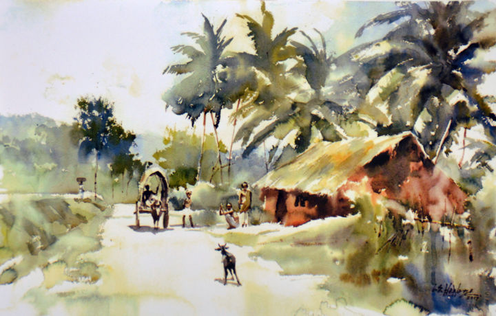 Painting titled "Village Stopover" by Ishan Senaka Hewage, Original Artwork, Acrylic Mounted on Wood Stretcher frame