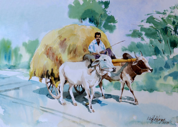 Painting titled "Rural Life" by Ishan Senaka Hewage, Original Artwork, Acrylic Mounted on Wood Stretcher frame