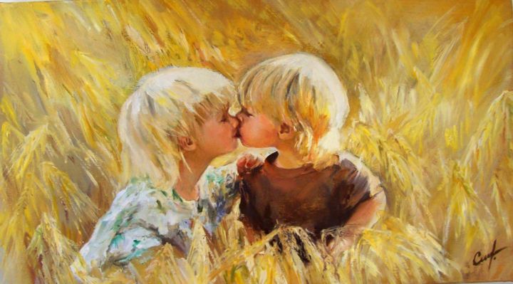 Painting titled ""First kiss"" by Maria Doina Cublesan, Original Artwork, Oil