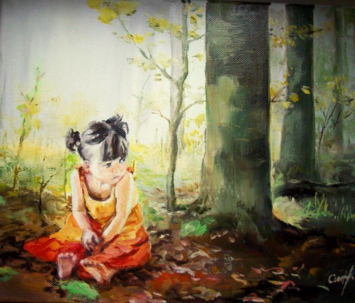 Peinture intitulée ""Petite fille dans…" par Maria Doina Cublesan, Œuvre d'art originale, Huile