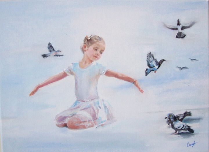 Painting titled ""Petite fille et le…" by Maria Doina Cublesan, Original Artwork, Oil