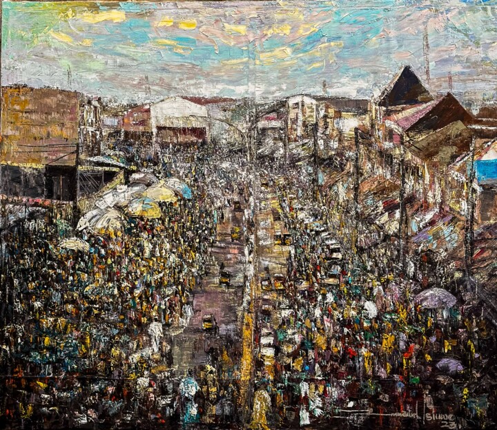 Peinture intitulée "Idumota hustling la…" par Isiuwe Onyeabor Emmanuel, Œuvre d'art originale, Acrylique