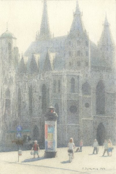 Malerei mit dem Titel "Stephanplatz, Wien" von Iskander Ulumbekov, Original-Kunstwerk