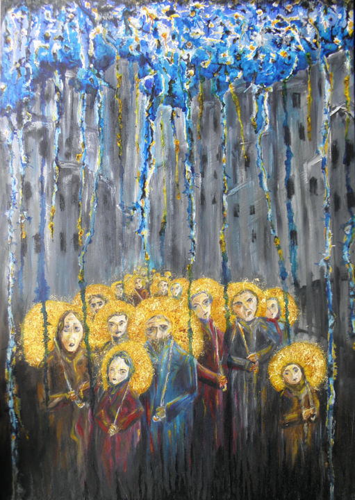 Картина под названием "О зонтах и нимбах" - Ирина Скарлыгина, Подлинное произведение искусства, Масло