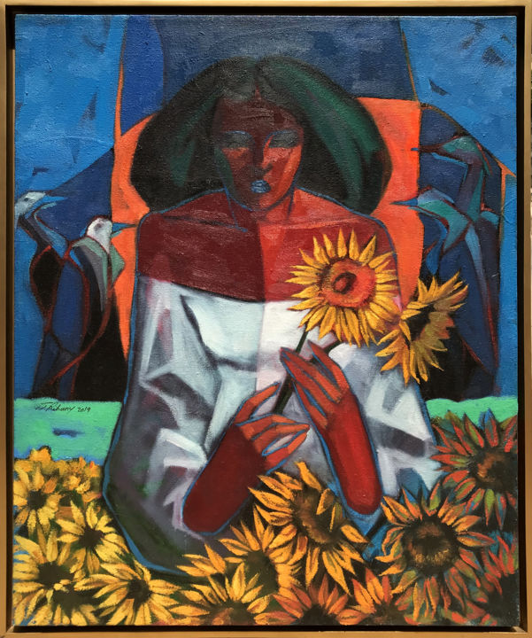Pintura intitulada "Woman and Sunflowers" por Eslam Elrihany, Obras de arte originais, Óleo
