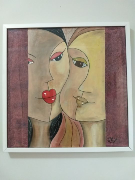 Painting titled "Mãe e filha" by Ismael Silva, Original Artwork, Acrylic Mounted on Wood Panel