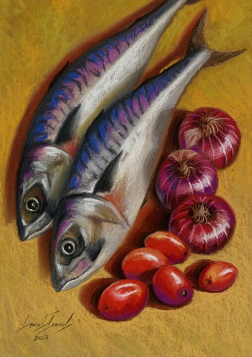 Pintura intitulada "'mackerels,onions a…" por Ismail Lawal, Obras de arte originais, Pastel