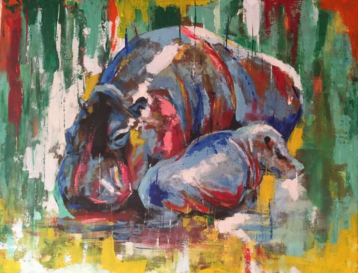 Painting titled "Hippos" by Ismy Kunle, Original Artwork, Acrylic