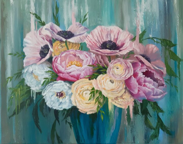 Painting titled "Flower Bouquet" by Marina Izotova, Original Artwork, Oil Mounted on Wood Stretcher frame
