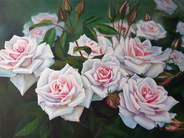 Painting titled "Pink Roses" by Marina Izotova, Original Artwork, Oil Mounted on Wood Stretcher frame