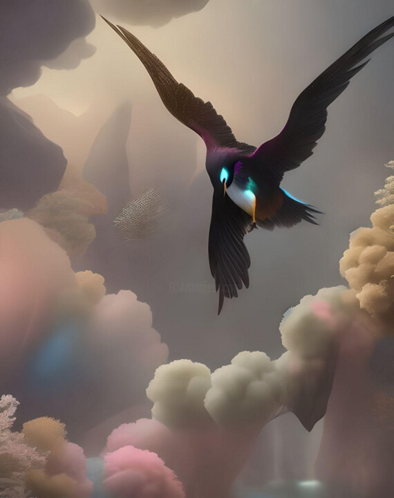 Arts numériques intitulée "Bird In The Gray Sky" par Isra, Œuvre d'art originale, Image générée par l'IA