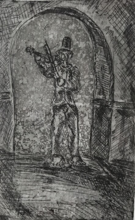 Estampas & grabados titulada "El violinista en el…" por Israel Arzaluz, Obra de arte original, Aguafuerte