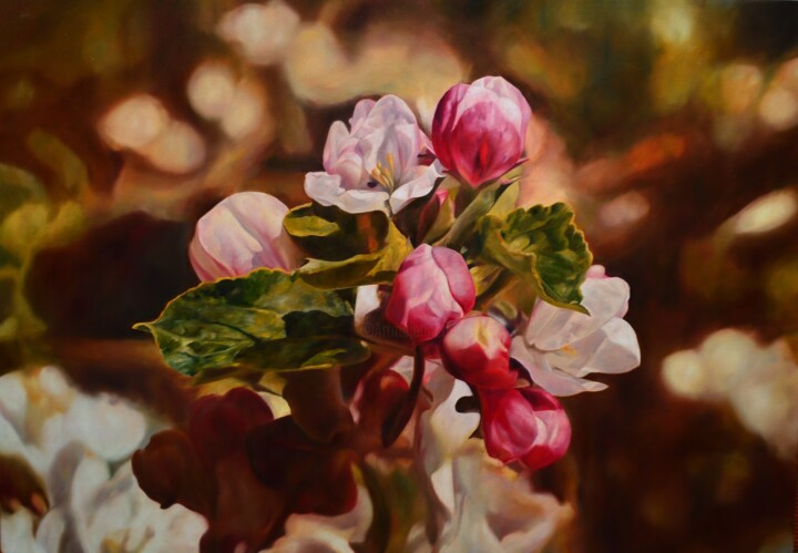 Schilderij getiteld "Apple blossom" door Istvan Cene Gal, Origineel Kunstwerk, Olie