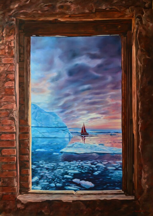 Painting titled "Glass house" by Istvan Cene Gal, Original Artwork, Oil Mounted on Wood Stretcher frame