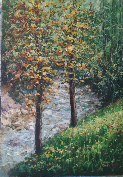 Painting titled "Rocky stream" by István Kenéz, Original Artwork, Oil Mounted on Wood Stretcher frame