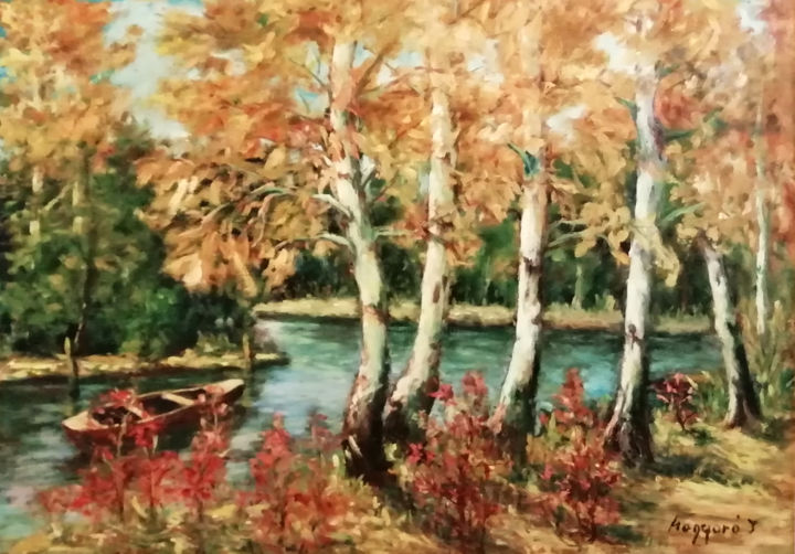 Painting titled "Birches on the beach" by Istvan Mogyoro, Original Art, Oil