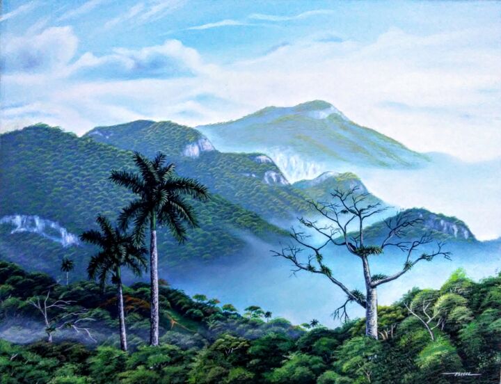 Painting titled "Palmas y montañas" by Isyoel Pérez Valdez, Original Artwork, Oil