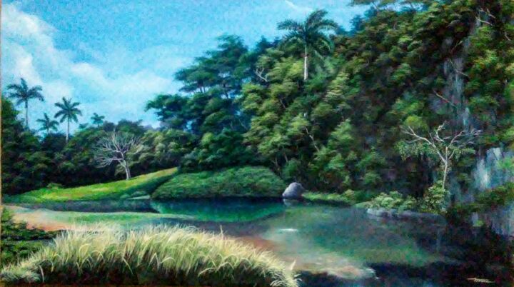 Painting titled "Paisaje con río" by Isyoel Pérez Valdez, Original Artwork, Oil