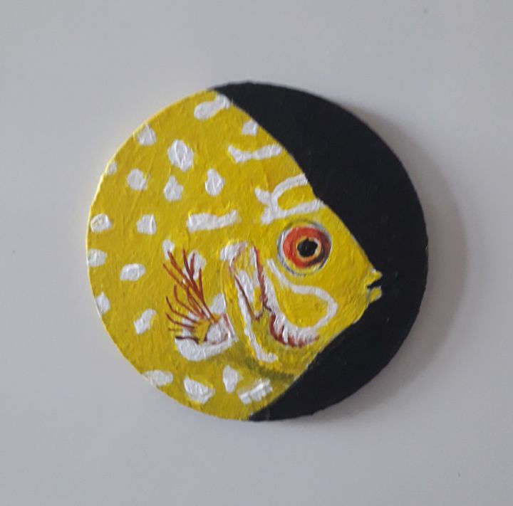 Painting titled "gold discus fish" by Ita Mercera, Original Artwork, Acrylic Mounted on Metal