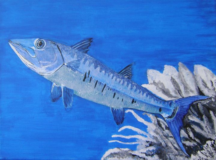 Schilderij getiteld "great barracuda fish" door Ita Mercera, Origineel Kunstwerk, Acryl