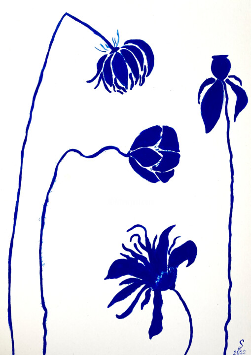 Desenho intitulada "Minimalistic Blue F…" por Svitlana Yakovenko, Obras de arte originais, Acrílico