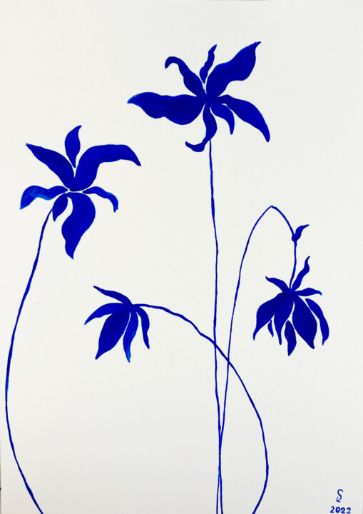 Рисунок под названием "Minimalistic Blue F…" - Svitlana Yakovenko, Подлинное произведение искусства, Акрил