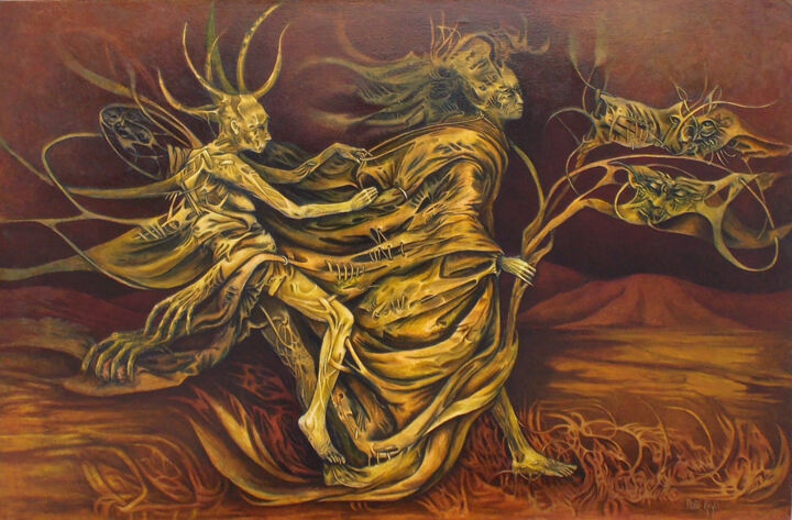 Painting titled "El andar de la bruja" by Itzeel Reyes, Original Artwork, Oil Mounted on Wood Panel