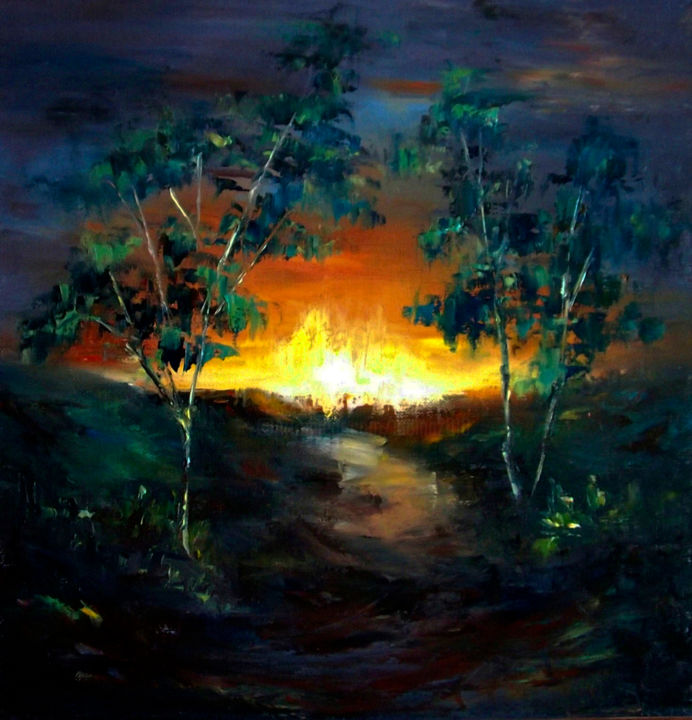 Painting titled "Sunset / Закат" by Elena Yudina, Original Artwork, Oil Mounted on Wood Stretcher frame