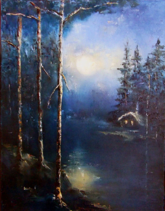 Painting titled "Full moon light / С…" by Elena Yudina, Original Artwork, Oil Mounted on Wood Stretcher frame