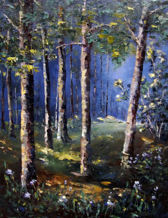 Painting titled "Blue forest / Синий…" by Elena Yudina, Original Artwork, Oil Mounted on Wood Stretcher frame