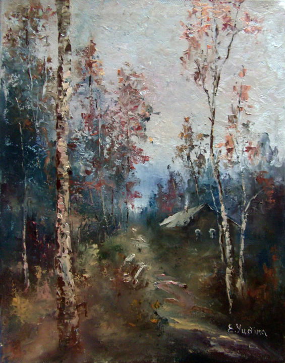 Painting titled "House by the forest…" by Elena Yudina, Original Artwork, Oil Mounted on Wood Stretcher frame