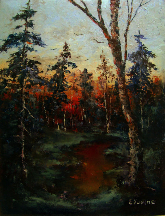 Malerei mit dem Titel "On the sunset / На…" von Elena Yudina, Original-Kunstwerk, Öl Auf Karton montiert