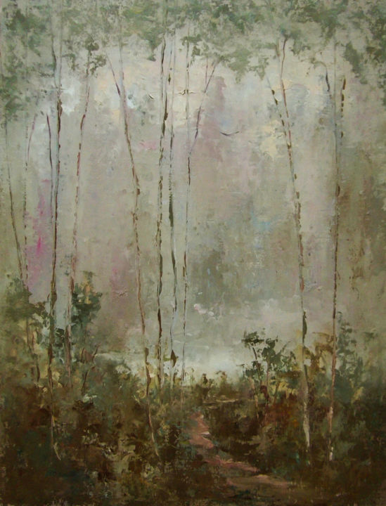 Painting titled "Fog over the white…" by Elena Yudina, Original Artwork, Lacquer