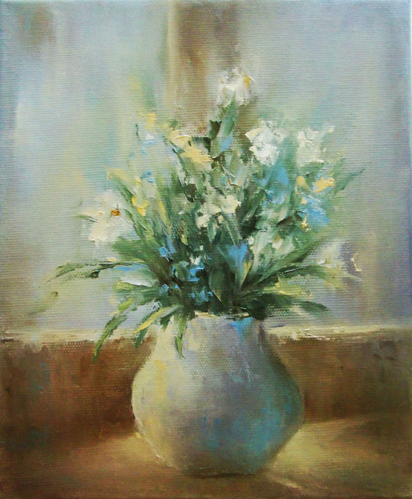 Painting titled "First flowers / Пер…" by Elena Yudina, Original Artwork, Oil Mounted on Wood Stretcher frame