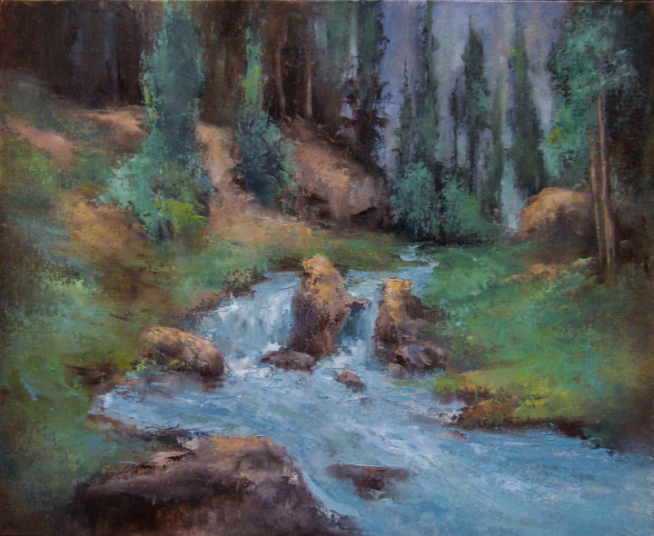 Картина под названием "Forest river - Лесн…" - Elena Yudina, Подлинное произведение искусства, Масло Установлен на Деревянна…