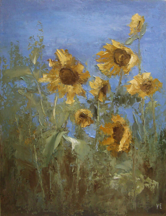 Картина под названием "Sunflowers, oil pai…" - Elena Yudina, Подлинное произведение искусства, Масло Установлен на Деревянна…
