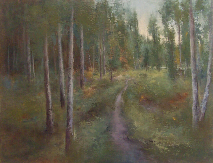 Картина под названием "Лес. Вечер." - Elena Yudina, Подлинное произведение искусства, Масло Установлен на Деревянная панель