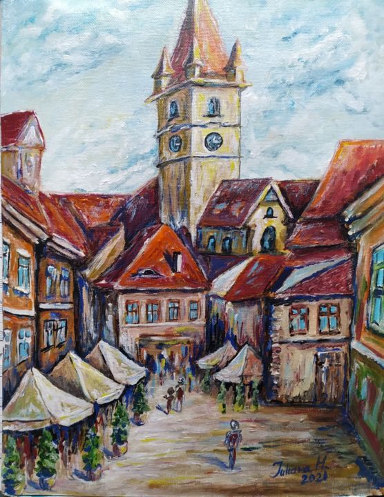 Peinture intitulée "Sibiu Butoiul de aur" par Iuliana Moraru Murgulescu (Iulia), Œuvre d'art originale, Acrylique