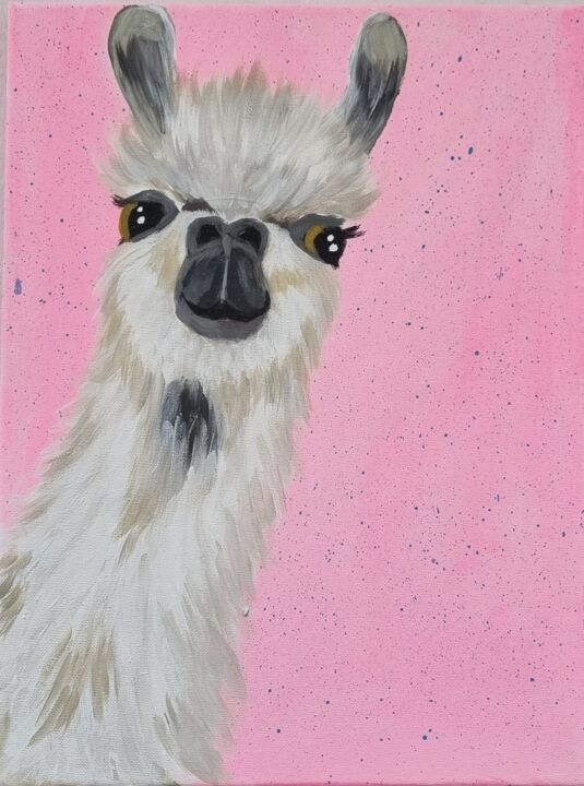 Painting titled "Llama for my daught…" by Iuliana Apostol, Original Artwork, Acrylic Mounted on Wood Stretcher frame
