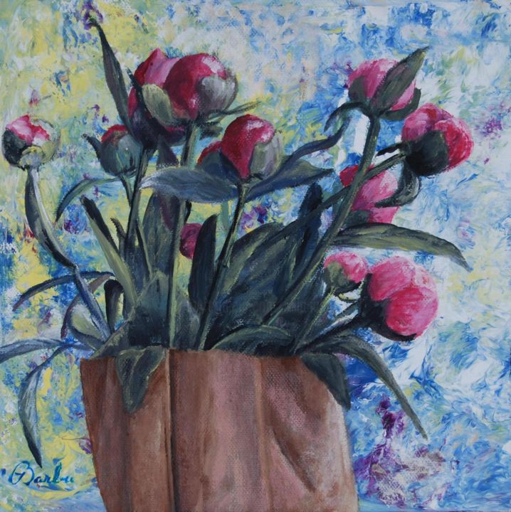 Painting titled "Peonies" by Iuliana Barbu, Original Artwork, Acrylic