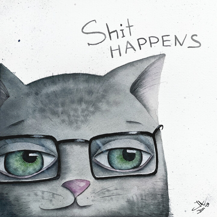 Schilderij getiteld "Sad Cat (Shit Happe…" door Iuliia Andriiets, Origineel Kunstwerk, Aquarel