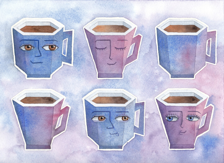 Painting titled "Morning Coffee Toge…" by Iuliia Andriiets, Original Artwork, Watercolor