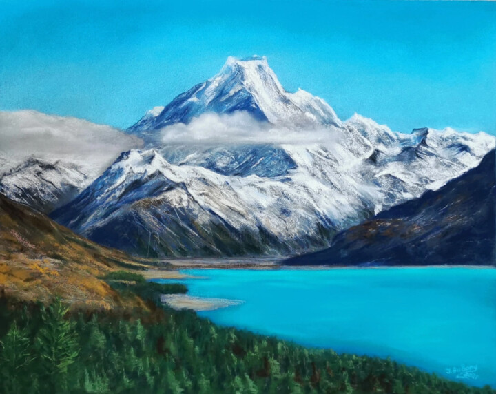 Pintura titulada "Mountains and lake" por Iuliia Aubony, Obra de arte original, Pastel