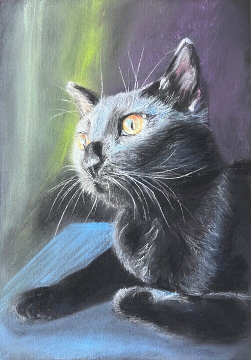 Schilderij getiteld "Chat noir" door Iuliia Aubony, Origineel Kunstwerk, Pastel