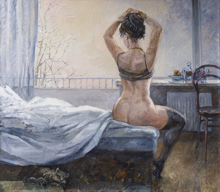 Painting titled "День в феврале/Febr…" by Iurii Korkhov, Original Artwork, Oil Mounted on Wood Stretcher frame