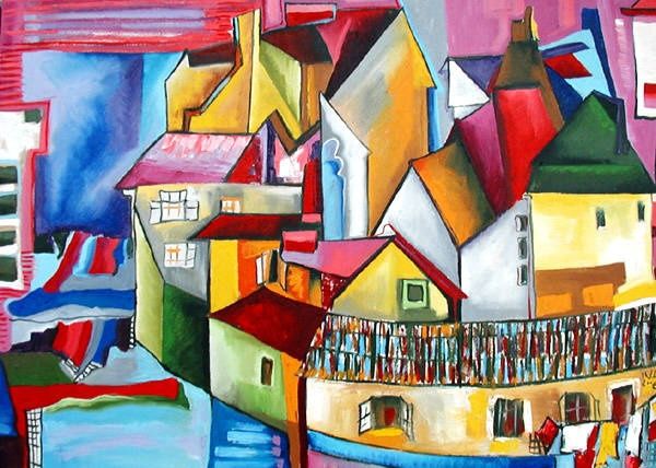 Painting titled "The Round Town" by Iustina Vlad, Original Artwork, Oil