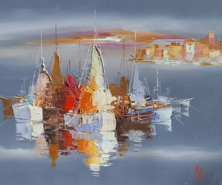 Malerei mit dem Titel "bateaux au large de…" von Ivan, Original-Kunstwerk, Öl