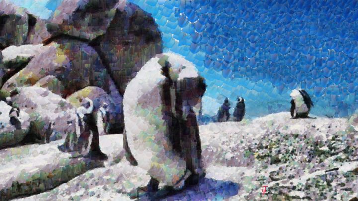 Painting titled "Penguins - Boulders…" by Ivan-Jay Turner, Original Artwork, Oil