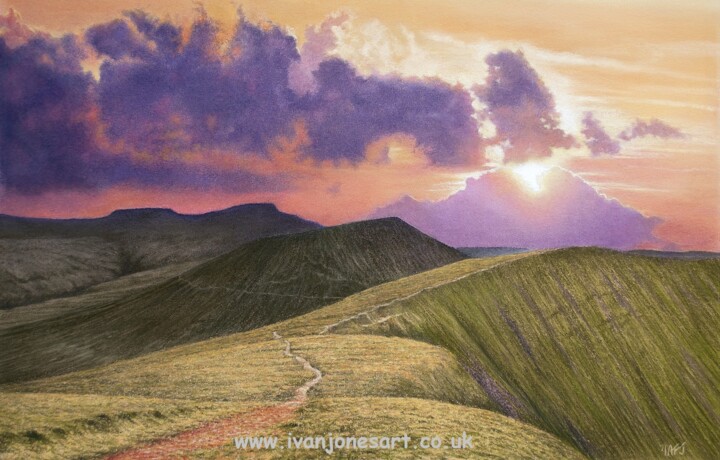 Painting titled "Brecon Beacons suns…" by Ivan Jones, Original Artwork, Pastel Mounted on Cardboard